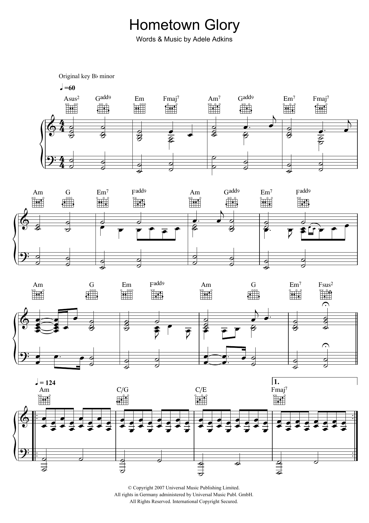 Learn to play Adele Hometown Glory sheet music for Piano, Vocal & Guitar (Right-Hand Melody) in minutes. Adele Hometown Glory sheet music preview music notes and score for Piano, Vocal & Guitar (Right-Hand Melody) including 9 page(s)