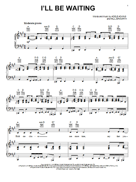Learn to play Adele I'll Be Waiting sheet music for Piano, Vocal & Guitar (Right-Hand Melody) in minutes. Adele I'll Be Waiting sheet music preview music notes and score for Piano, Vocal & Guitar (Right-Hand Melody) including 7 page(s)