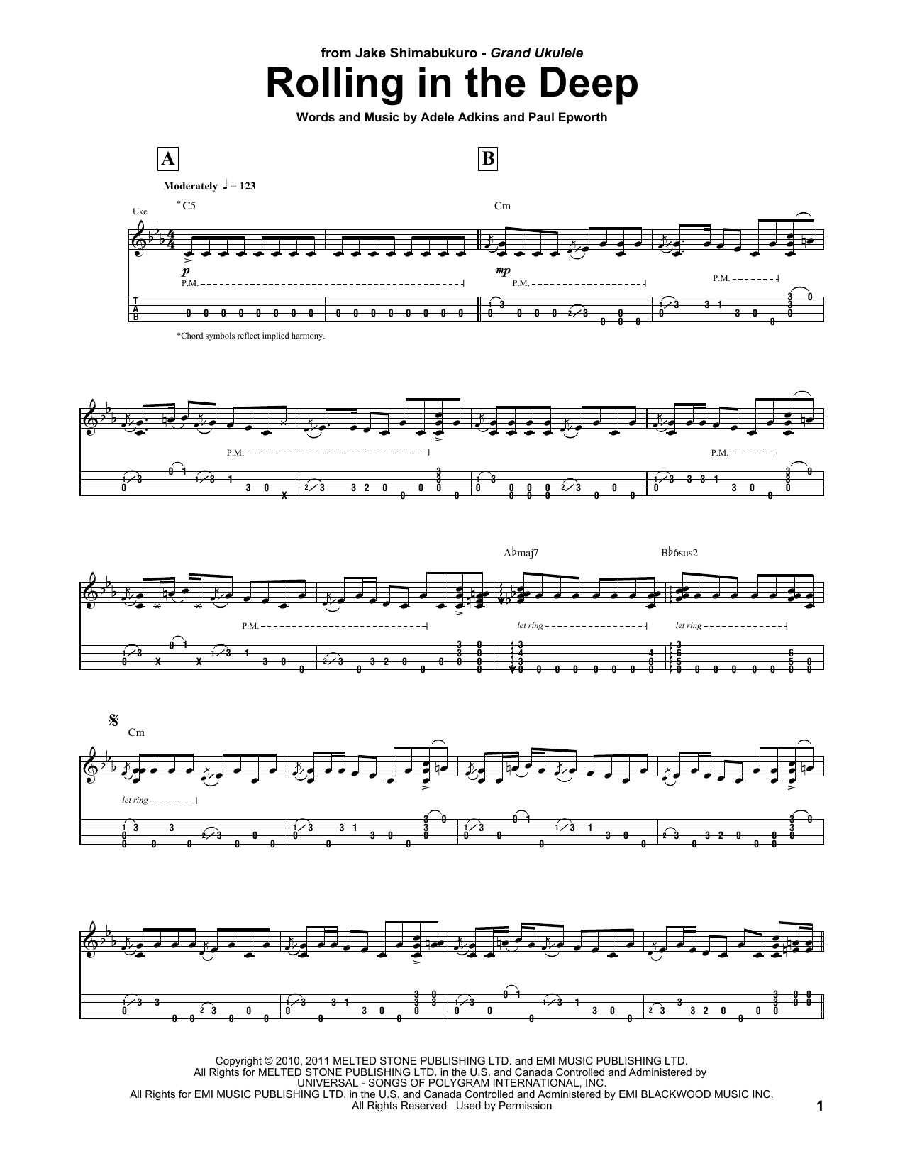 Adele "Rolling In The Deep (arr. Jake Shimabukuro)" Sheet Music | Download  Printable PDF Music Notes, Score & chords 186370