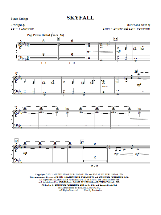 Learn to play Adele Skyfall (arr. Paul Langford) - Strings (Synth) sheet music for Choir Instrumental Pak in minutes. Adele Skyfall (arr. Paul Langford) - Strings (Synth) sheet music notes and chords