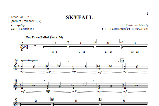Learn to play Adele Skyfall (arr. Paul Langford) - Tenor Sax 1 & 2 sheet music for Choir Instrumental Pak in minutes. Adele Skyfall (arr. Paul Langford) - Tenor Sax 1 & 2 sheet music notes and chords