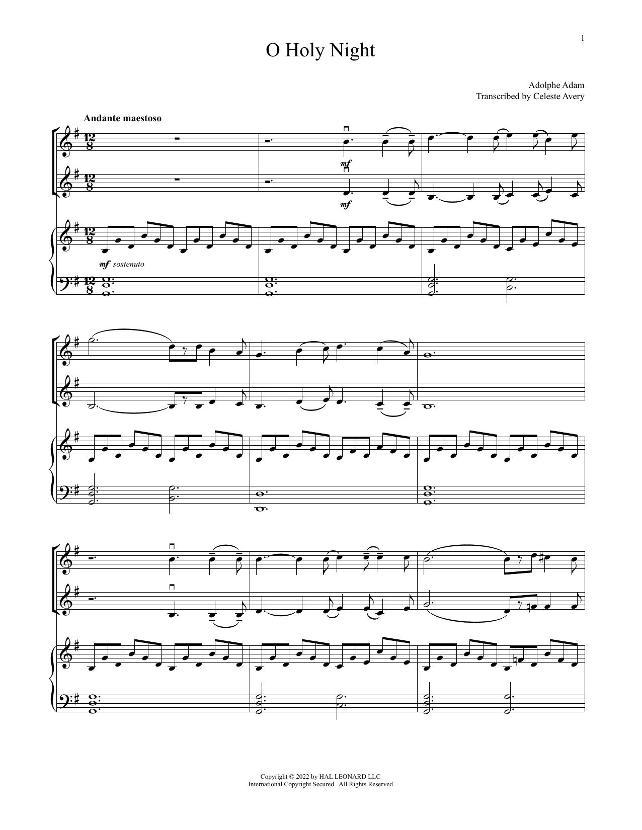 Adolphe Adam "O Holy Night (for Violin Duet and Piano)" Sheet Music |  Download Printable PDF Music Notes, Score & Chords 1203661