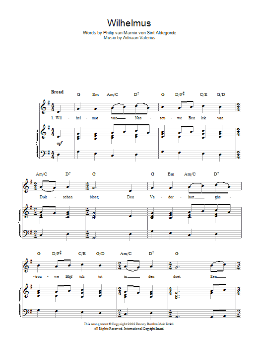 Learn to play Adriaan Valerius Wilhelmus (Netherlands National Anthem) sheet music for Piano, Vocal & Guitar (Right-Hand Melody) in minutes. Adriaan Valerius Wilhelmus (Netherlands National Anthem) sheet music preview music notes and score for Piano, Vocal & Guitar (Right-Hand Melody) including 2 page(s)