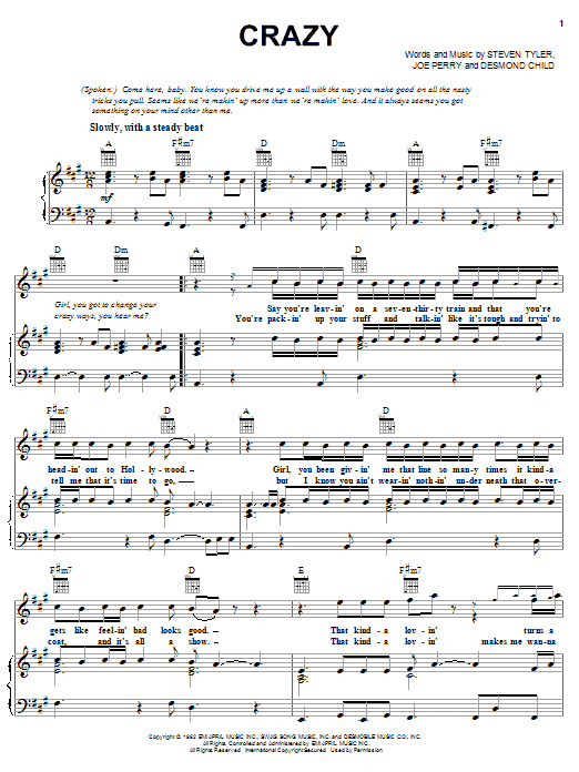 Learn to play Aerosmith Crazy sheet music for Piano, Vocal & Guitar (Right-Hand Melody) in minutes. Aerosmith Crazy sheet music notes and chords