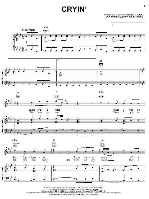 Download Aerosmith Cryin' sheet music notes and chords for Piano, Vocal & Guitar (Right-Hand Melody) - Download Printable PDF and start playing in minutes.