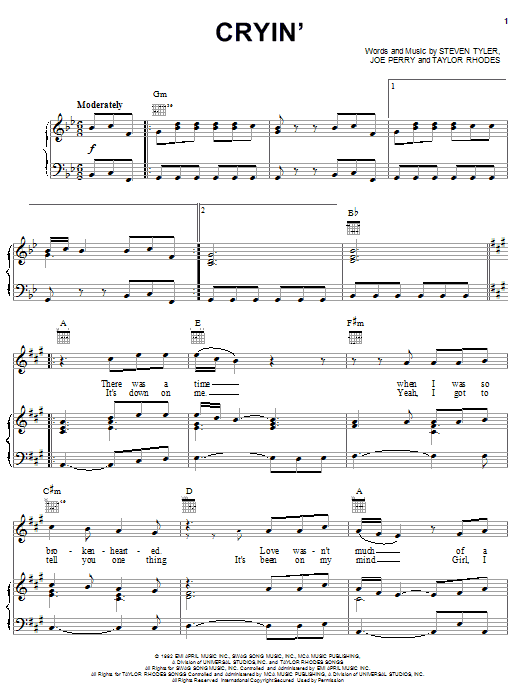 Learn to play Aerosmith Cryin' sheet music for Piano, Vocal & Guitar (Right-Hand Melody) in minutes. Aerosmith Cryin' sheet music notes and chords