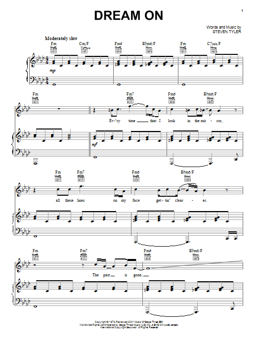 Aerosmith Dream On sheet music preview music notes and score for Piano, Vocal & Guitar including 8 page(s)