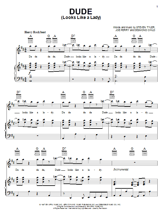 Learn to play Aerosmith Dude (Looks Like A Lady) sheet music for Piano, Vocal & Guitar (Right-Hand Melody) in minutes. Aerosmith Dude (Looks Like A Lady) sheet music notes and chords