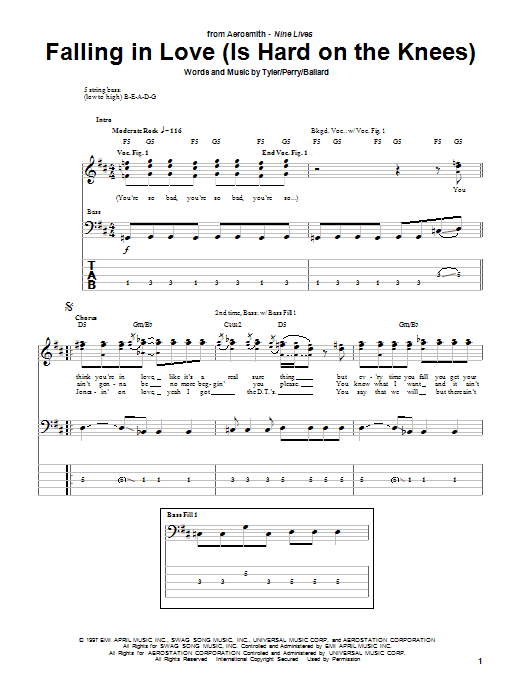 Learn to play Aerosmith Falling In Love (Is Hard On The Knees) sheet music for Bass Guitar Tab in minutes. Aerosmith Falling In Love (Is Hard On The Knees) sheet music notes and chords