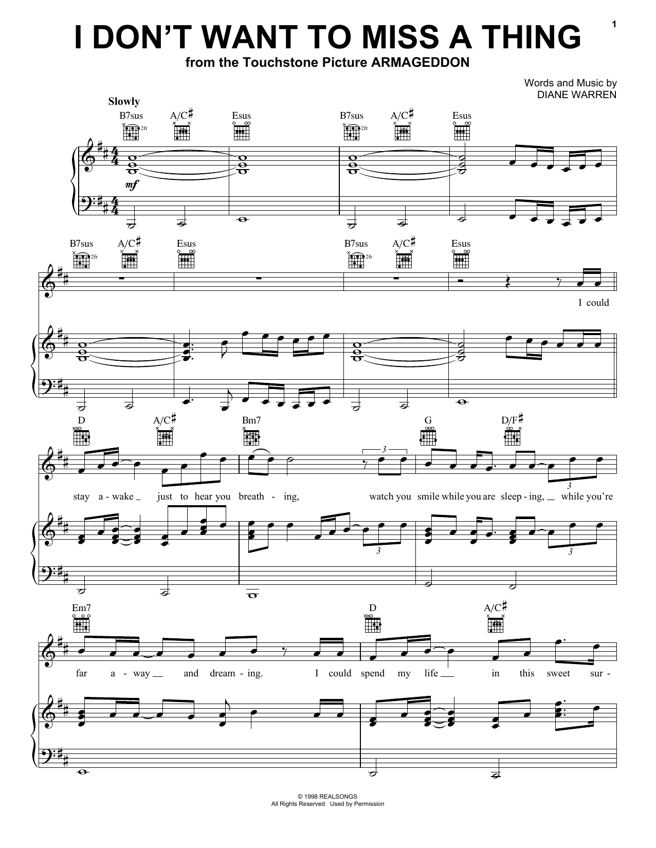 Aerosmith I Don T Want To Miss A Thing Sheet Music Download Pdf Score