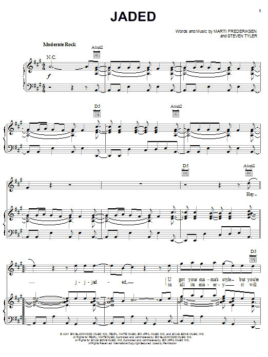 Learn to play Aerosmith Jaded sheet music for Piano, Vocal & Guitar (Right-Hand Melody) in minutes. Aerosmith Jaded sheet music notes and chords