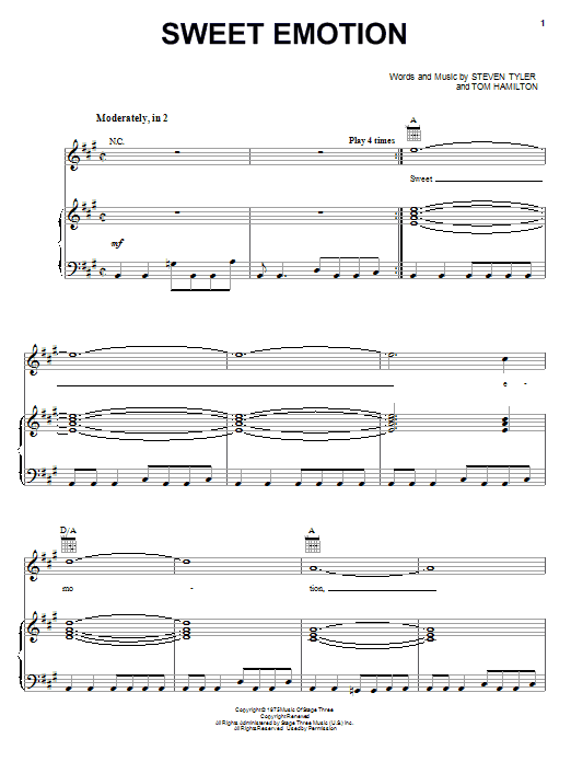 Download Aerosmith Sweet Emotion sheet music notes and chords for Piano, Vocal & Guitar (Right-Hand Melody) - Download Printable PDF and start playing in minutes.