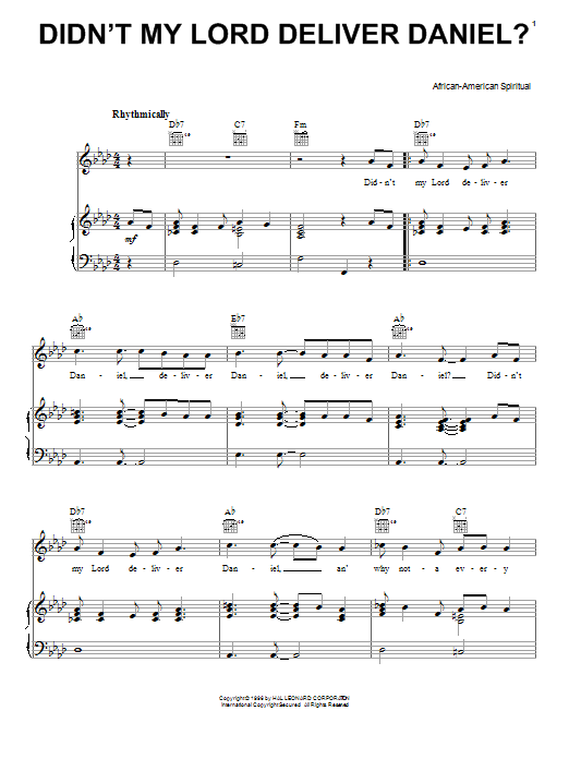 Download Traditional Spiritual Didn't My Lord Deliver Daniel? sheet music notes and chords for Piano, Vocal & Guitar (Right-Hand Melody) - Download Printable PDF and start playing in minutes.