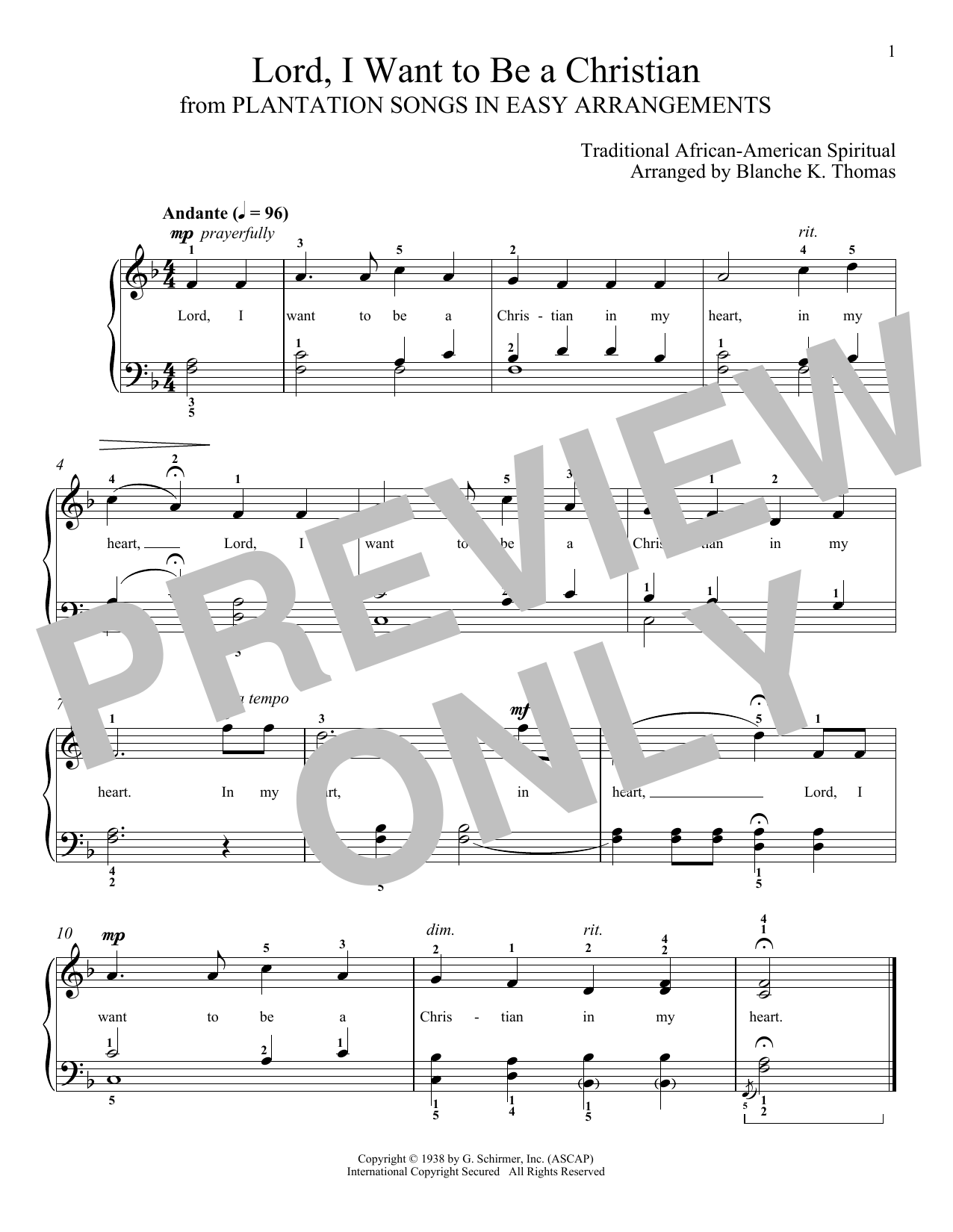 African-American Spiritual Lord, I Want To Be A Christian sheet music, chords, lyrics - Printable PDF for Piano Solo