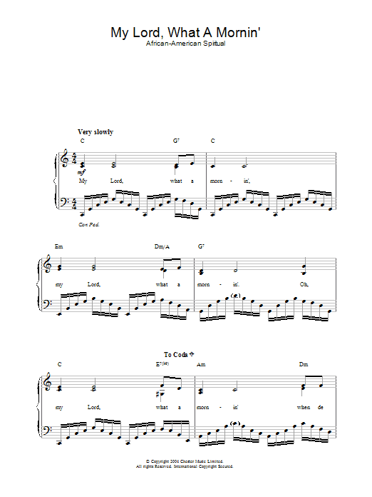African-American Spiritual My Lord, What A Mornin' sheet music, chords, lyrics - Printable PDF for Piano & Vocal