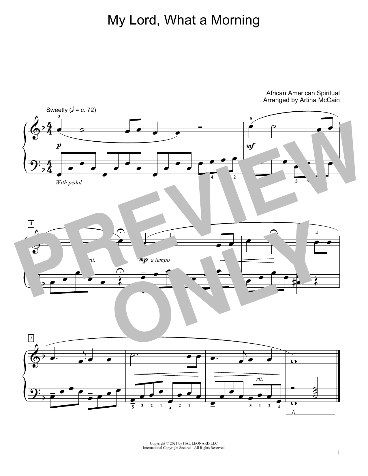 African-American Spiritual My Lord, What A Morning (arr. Artina McCain) sheet music, chords, lyrics - Printable PDF for Educational Piano