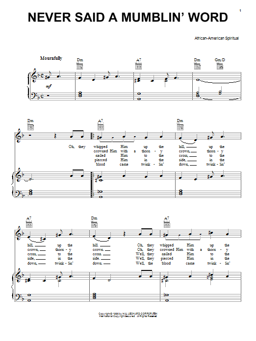 African-American Spiritual Never Said A Mumblin' Word (He Never Said A Mumblin' Word) sheet music, chords, lyrics - Printable PDF for Piano, Vocal & Guitar (Right-Hand Melody)