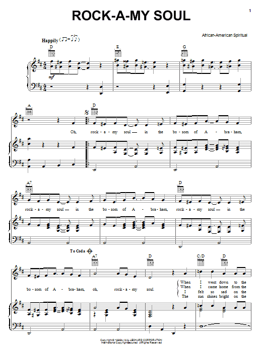 Download African-American Spiritual Rock A My Soul sheet music notes and chords for Piano, Vocal & Guitar (Right-Hand Melody) - Download Printable PDF and start playing in minutes.
