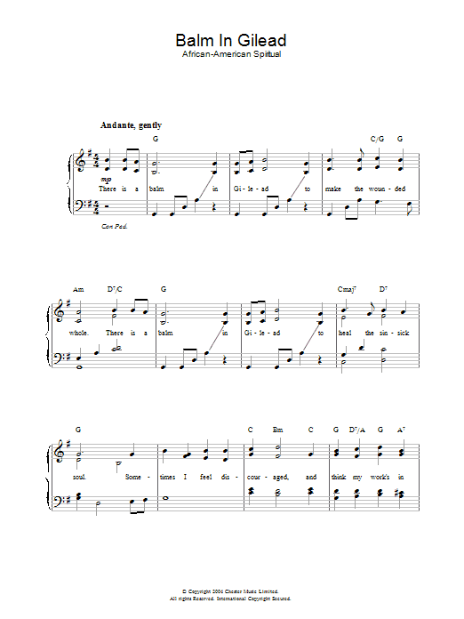 Learn to play African-American Spiritual Balm In Gilead sheet music for Piano & Vocal in minutes. African-American Spiritual Balm In Gilead sheet music preview music notes and score for Piano & Vocal including 3 page(s)