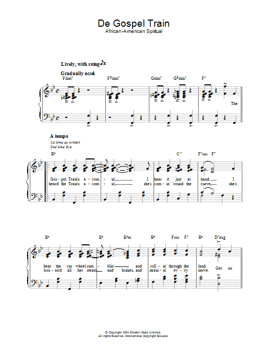 Learn to play African-American Spiritual De Gospel Train sheet music for Piano & Vocal in minutes. African-American Spiritual De Gospel Train sheet music preview music notes and score for Piano & Vocal including 3 page(s)