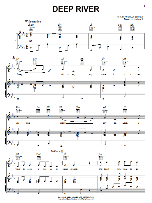 Learn to play African-American Spiritual Deep River sheet music for Piano & Vocal in minutes. African-American Spiritual Deep River sheet music preview music notes and score for Piano & Vocal including 2 page(s)