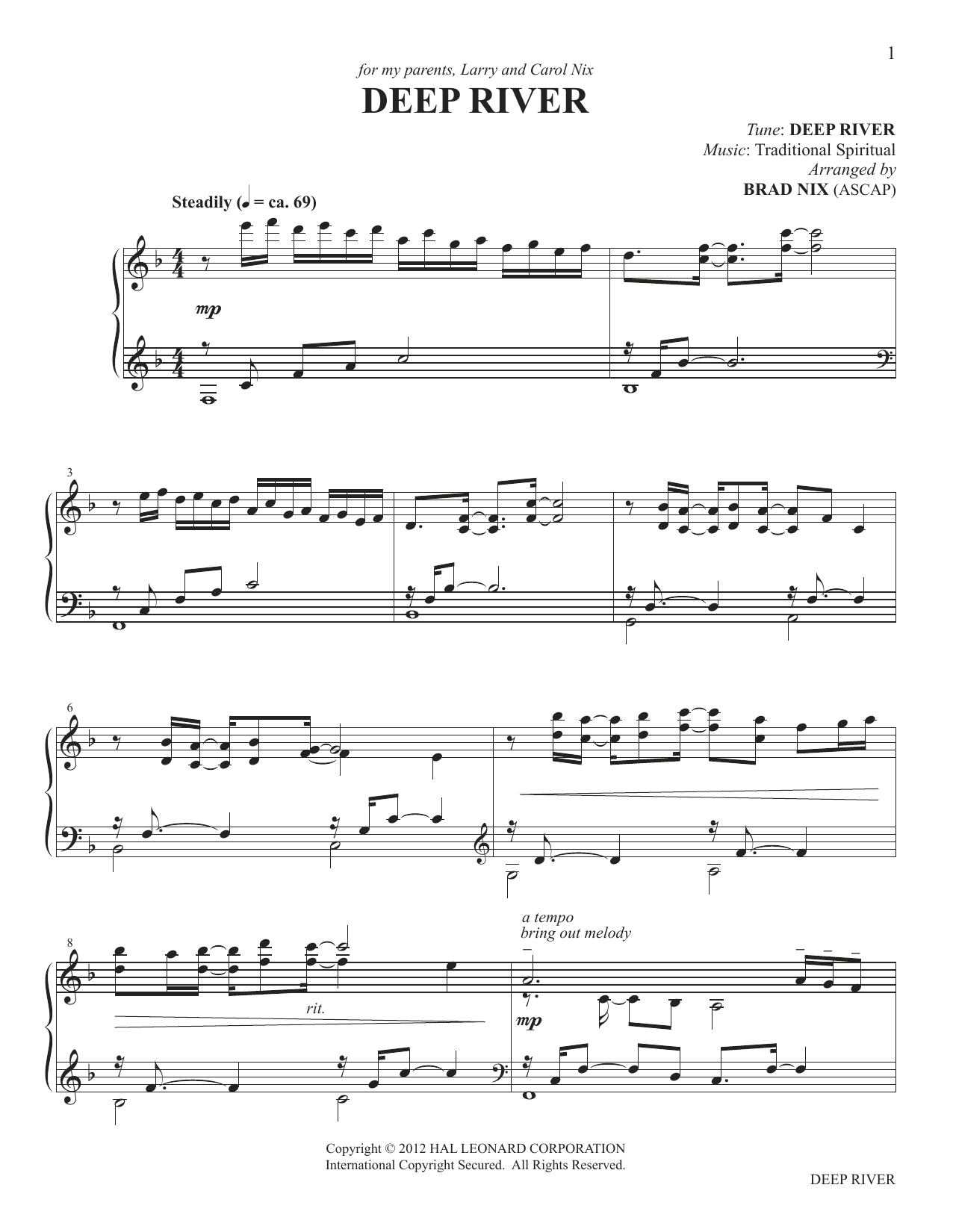 Learn to play African-American Spiritual Deep River (arr. Brad Nix) sheet music for Piano Solo in minutes. African-American Spiritual Deep River (arr. Brad Nix) sheet music preview music notes and score for Piano Solo including 5 page(s)