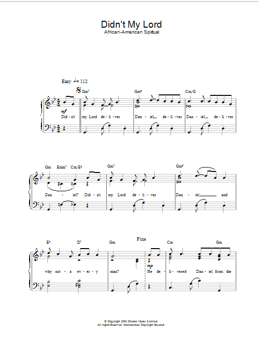 Learn to play Traditional Spiritual Didn't My Lord Deliver Daniel? sheet music for Piano & Vocal in minutes. Traditional Spiritual Didn't My Lord Deliver Daniel? sheet music preview music notes and score for Piano & Vocal including 3 page(s)