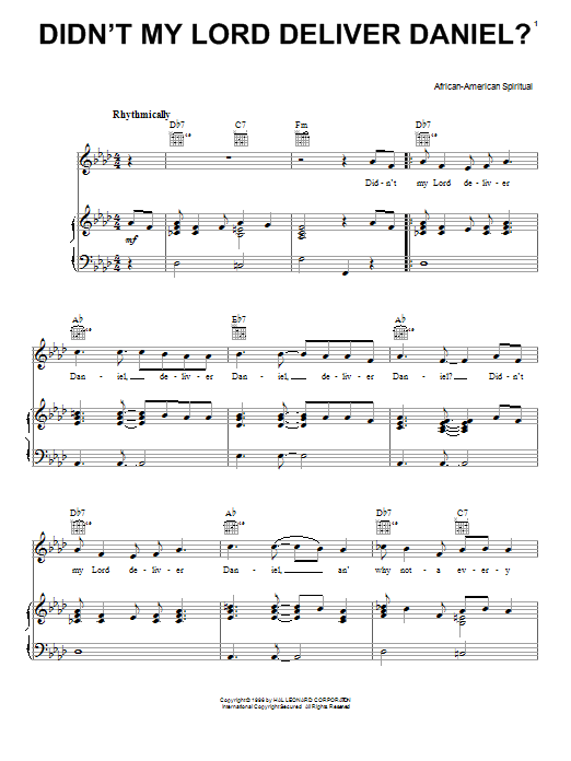 Traditional Spiritual Didn't My Lord Deliver Daniel? sheet music preview music notes and score for Piano, Vocal & Guitar (Right-Hand Melody) including 3 page(s)