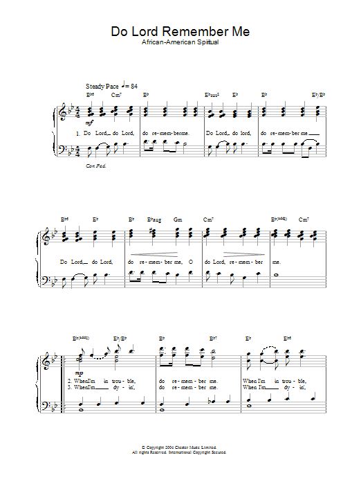 Learn to play African-American Spiritual Do Lord Remember Me sheet music for Piano & Vocal in minutes. African-American Spiritual Do Lord Remember Me sheet music preview music notes and score for Piano & Vocal including 2 page(s)