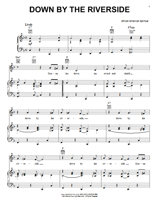 Learn to play African-American Spiritual Down By The Riverside sheet music for Piano & Vocal in minutes. African-American Spiritual Down By The Riverside sheet music preview music notes and score for Piano & Vocal including 2 page(s)