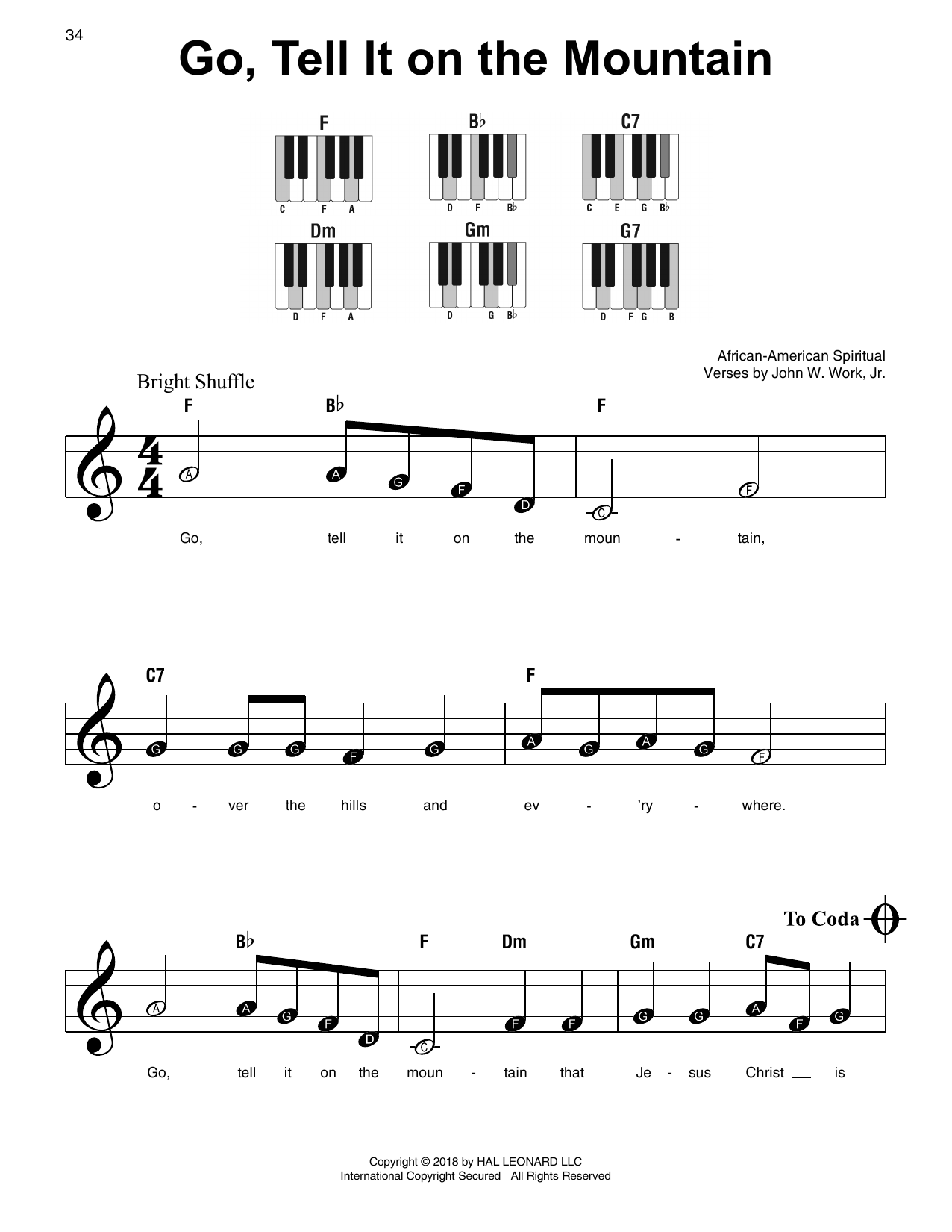 Learn to play African-American Spiritual Go, Tell It On The Mountain sheet music for Piano, Vocal & Guitar (Right-Hand Melody) in minutes. African-American Spiritual Go, Tell It On The Mountain sheet music notes and chords