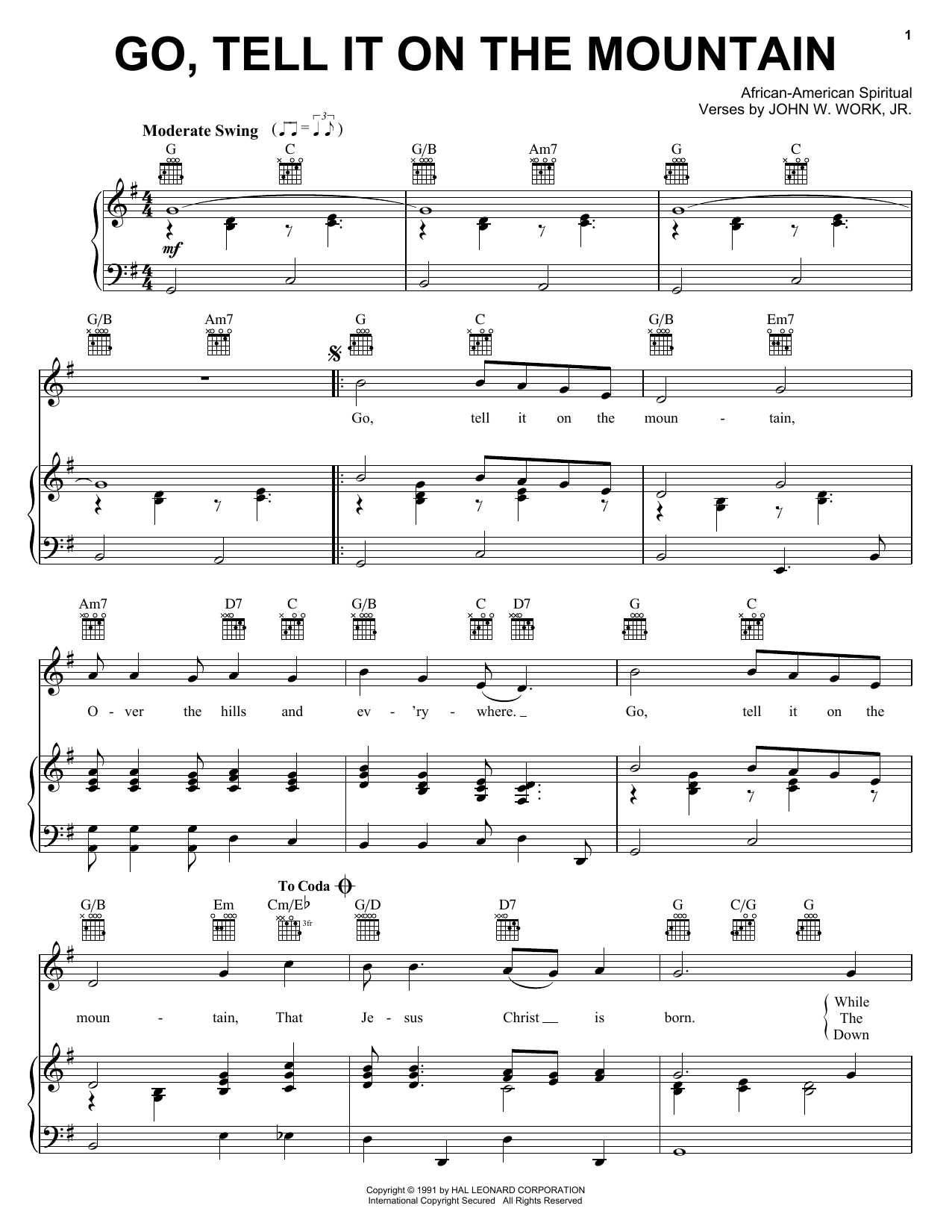 African-American Spiritual Go, Tell It On The Mountain sheet music preview music notes and score for Guitar Tab including 2 page(s)