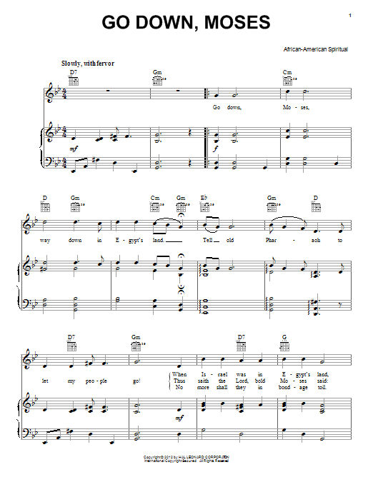 Learn to play African-American Spiritual Go Down Moses sheet music for Piano & Vocal in minutes. African-American Spiritual Go Down Moses sheet music preview music notes and score for Piano & Vocal including 2 page(s)