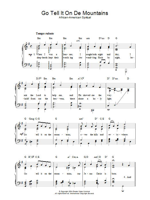 Learn to play African-American Spiritual Go Tell It On De Mountains sheet music for Piano & Vocal in minutes. African-American Spiritual Go Tell It On De Mountains sheet music preview music notes and score for Piano & Vocal including 2 page(s)