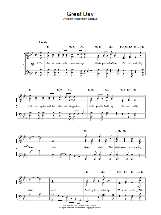 Learn to play African-American Spiritual Great Day sheet music for Piano & Vocal in minutes. African-American Spiritual Great Day sheet music preview music notes and score for Piano & Vocal including 2 page(s)