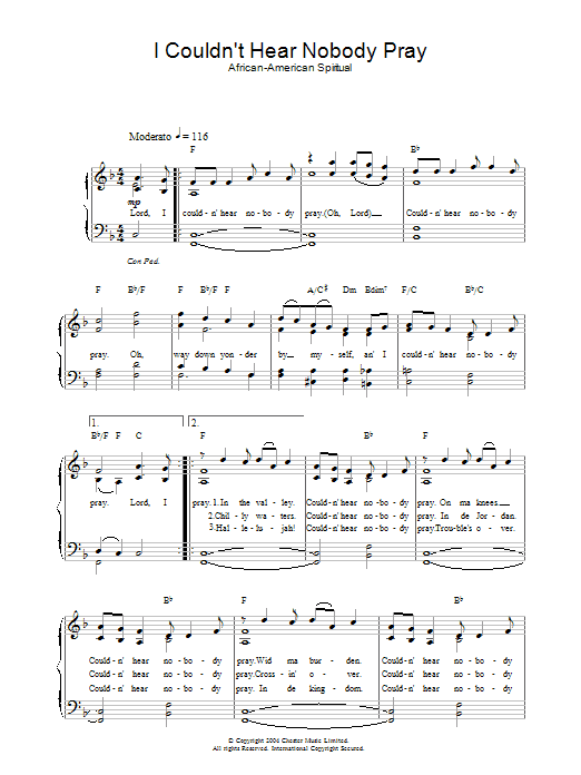 Learn to play African-American Spiritual I Couldn't Hear Nobody Pray sheet music for Piano & Vocal in minutes. African-American Spiritual I Couldn't Hear Nobody Pray sheet music preview music notes and score for Piano & Vocal including 2 page(s)