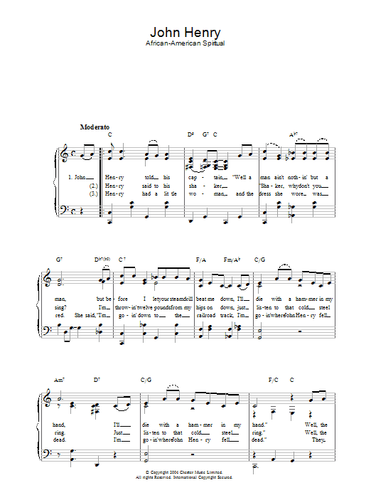 Learn to play African-American Spiritual John Henry sheet music for Piano & Vocal in minutes. African-American Spiritual John Henry sheet music preview music notes and score for Piano & Vocal including 2 page(s)