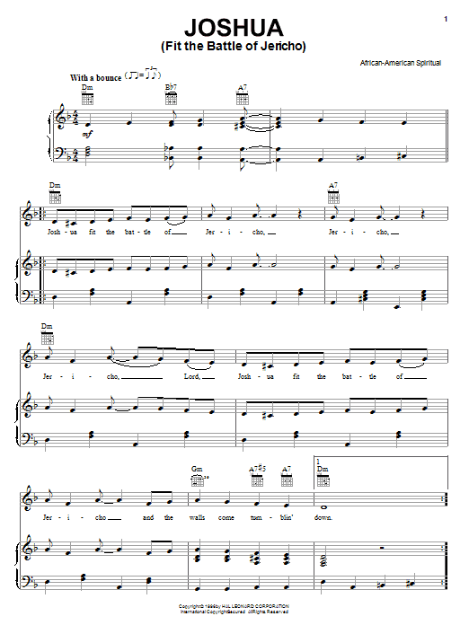 Learn to play African-American Spiritual Joshua (Fit The Battle Of Jericho) sheet music for Piano, Vocal & Guitar (Right-Hand Melody) in minutes. African-American Spiritual Joshua (Fit The Battle Of Jericho) sheet music notes and chords
