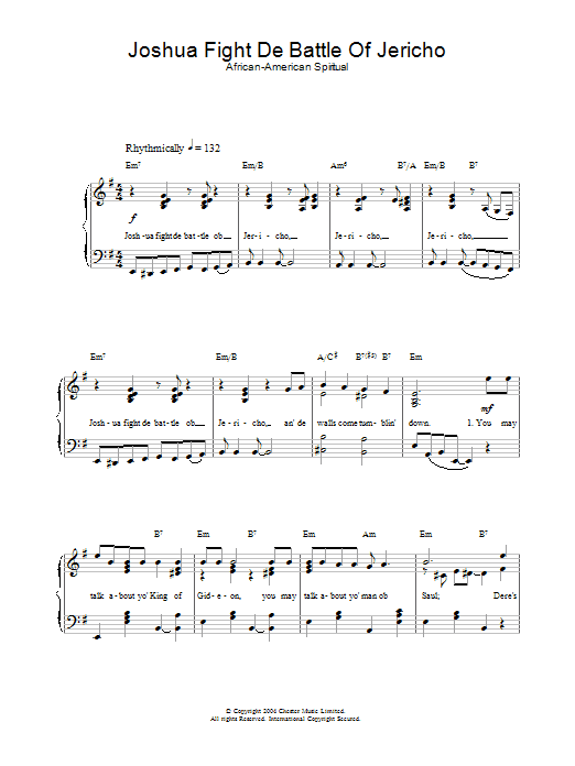 Learn to play African-American Spiritual Joshua Fight De Battle Of Jericho sheet music for Piano & Vocal in minutes. African-American Spiritual Joshua Fight De Battle Of Jericho sheet music preview music notes and score for Piano & Vocal including 3 page(s)