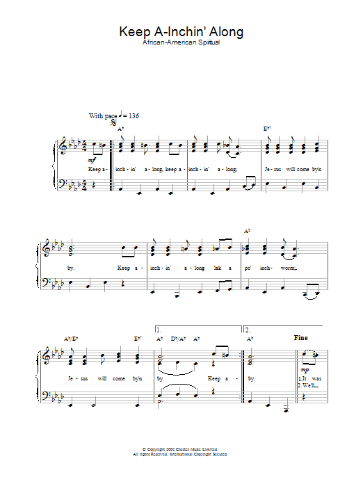 Learn to play African-American Spiritual Keep A-Inchin' Along sheet music for Piano & Vocal in minutes. African-American Spiritual Keep A-Inchin' Along sheet music preview music notes and score for Piano & Vocal including 2 page(s)