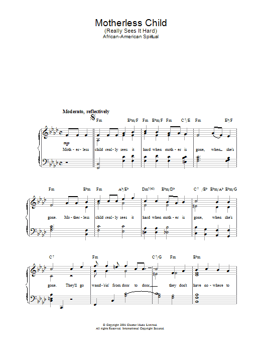 Learn to play African-American Spiritual Motherless Child sheet music for Piano & Vocal in minutes. African-American Spiritual Motherless Child sheet music preview music notes and score for Piano & Vocal including 2 page(s)