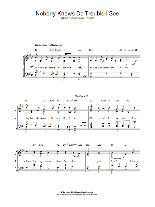 Learn to play African-American Spiritual Nobody Knows De Trouble I See sheet music for Piano & Vocal in minutes. African-American Spiritual Nobody Knows De Trouble I See sheet music preview music notes and score for Piano & Vocal including 2 page(s)