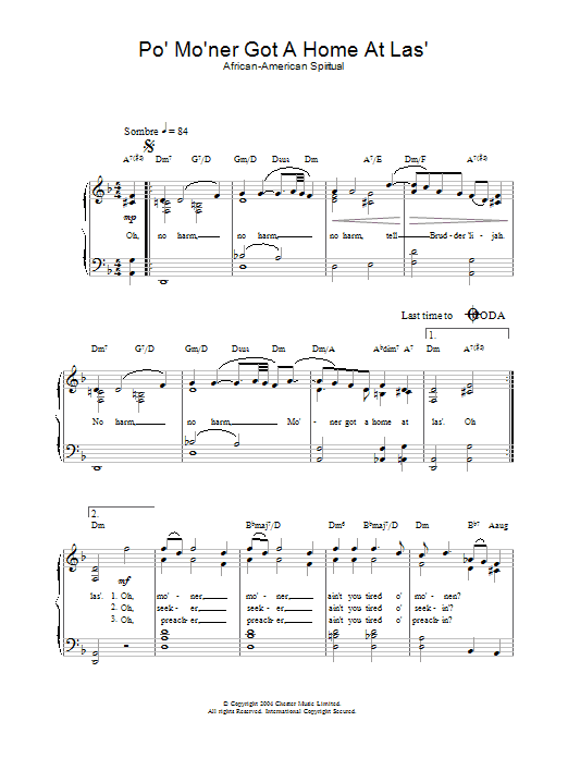 Learn to play African-American Spiritual Po' Mo'ner Got A Home At Las' sheet music for Piano & Vocal in minutes. African-American Spiritual Po' Mo'ner Got A Home At Las' sheet music preview music notes and score for Piano & Vocal including 2 page(s)