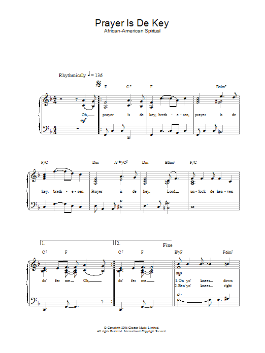 Learn to play African-American Spiritual Prayer Is De Key sheet music for Piano & Vocal in minutes. African-American Spiritual Prayer Is De Key sheet music preview music notes and score for Piano & Vocal including 2 page(s)