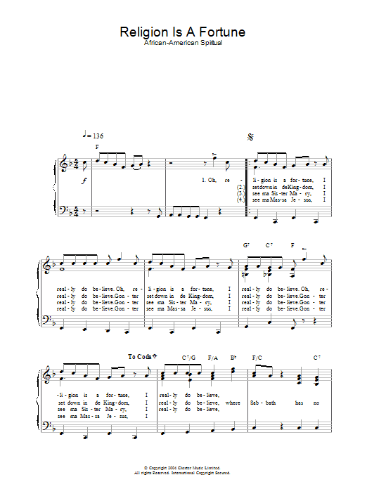 Learn to play African-American Spiritual Religion Is A Fortune sheet music for Piano & Vocal in minutes. African-American Spiritual Religion Is A Fortune sheet music preview music notes and score for Piano & Vocal including 2 page(s)
