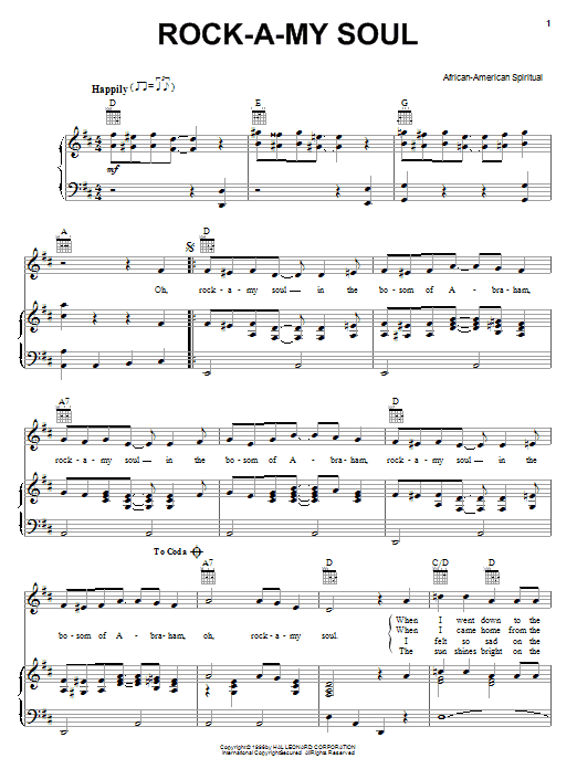 Learn to play African-American Spiritual Rock A My Soul sheet music for Piano, Vocal & Guitar (Right-Hand Melody) in minutes. African-American Spiritual Rock A My Soul sheet music notes and chords