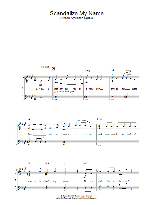 Learn to play African-American Spiritual Scandalize My Name sheet music for Piano & Vocal in minutes. African-American Spiritual Scandalize My Name sheet music preview music notes and score for Piano & Vocal including 2 page(s)