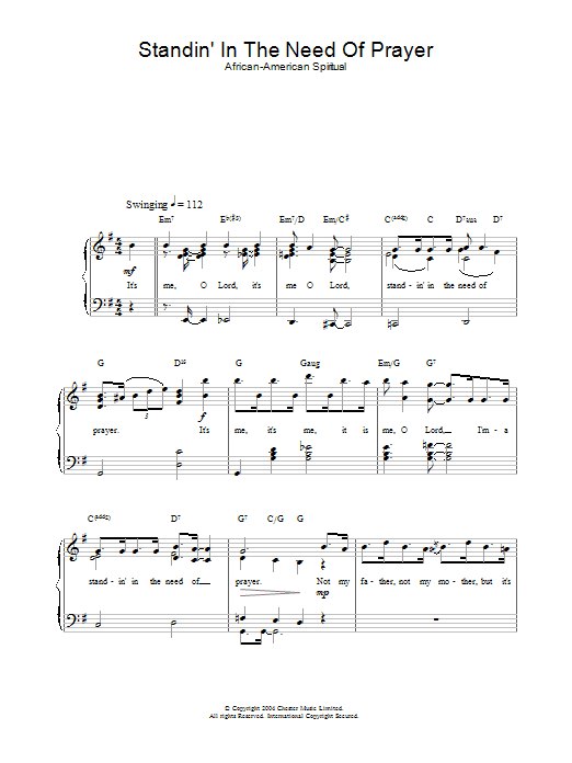 Learn to play African-American Spiritual Standin' In The Need Of Prayer sheet music for Piano & Vocal in minutes. African-American Spiritual Standin' In The Need Of Prayer sheet music preview music notes and score for Piano & Vocal including 2 page(s)