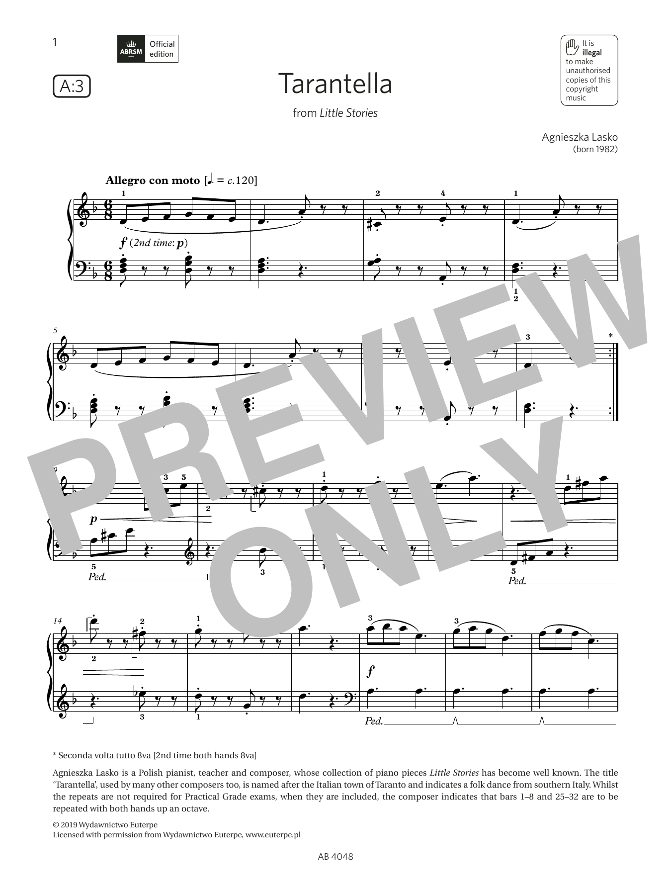 Agnieszka Lasko Tarantella (Grade 2, list A3, from the ABRSM Piano Syllabus 2023 & 2024) sheet music, chords, lyrics - Printable PDF for Piano Solo