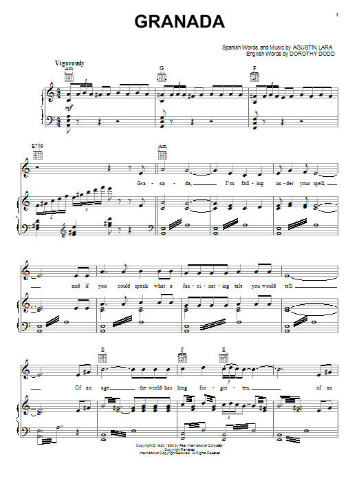 Download Agustin Lara Granada sheet music notes and chords for Piano, Vocal & Guitar (Right-Hand Melody) - Download Printable PDF and start playing in minutes.